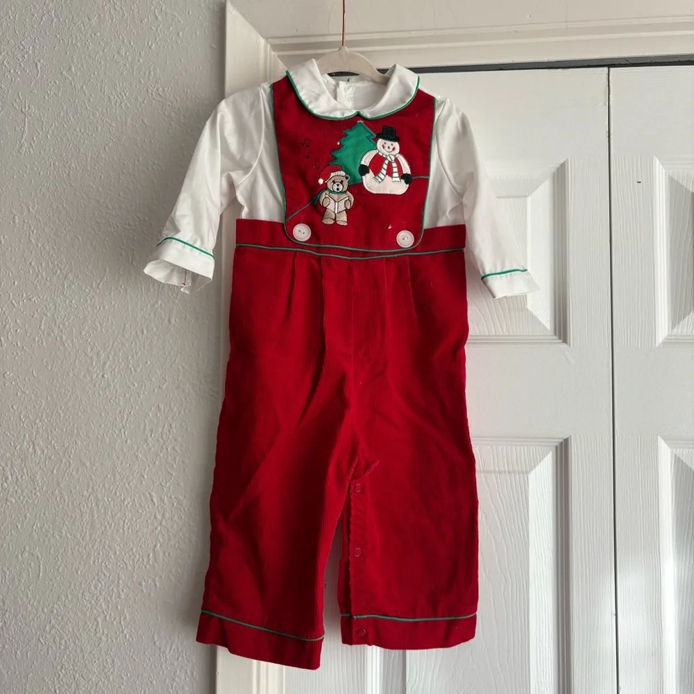 VINTAGE Christmas Winter Red Corduroy John John Jumpsuit Overalls